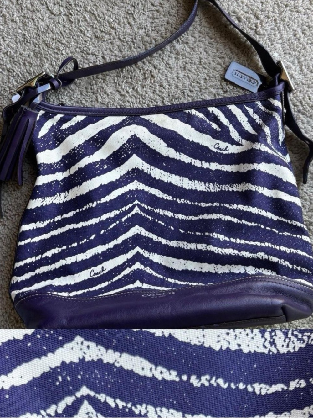 Coach Purple and White Zebra-Print Shoulder Bag with Tassel